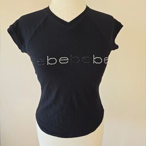 Vintage Y2k Bebe Women's Black and White Crystal  T-Shirt Size L.